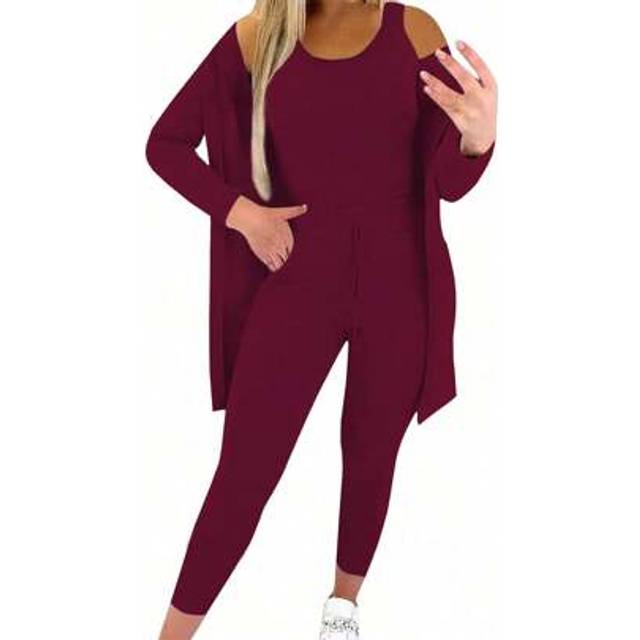 INAWLY 3pcs Women&#39;s Solid Color Long Sleeve Jacket, Round Neck Vest And Leggings Casual Set