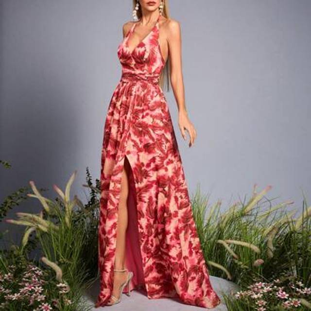 SHEIN Mgiacy-Floral New Arrival Tank Sexy Bridesmaid Dress Printed Ruched Lace Up High Slit Chiffon Long Dress