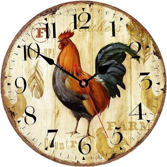 Kitchen Wall Clock 12 Inch Rustic Rooster Silent Non Ticking Quartz Battery Operated Round
