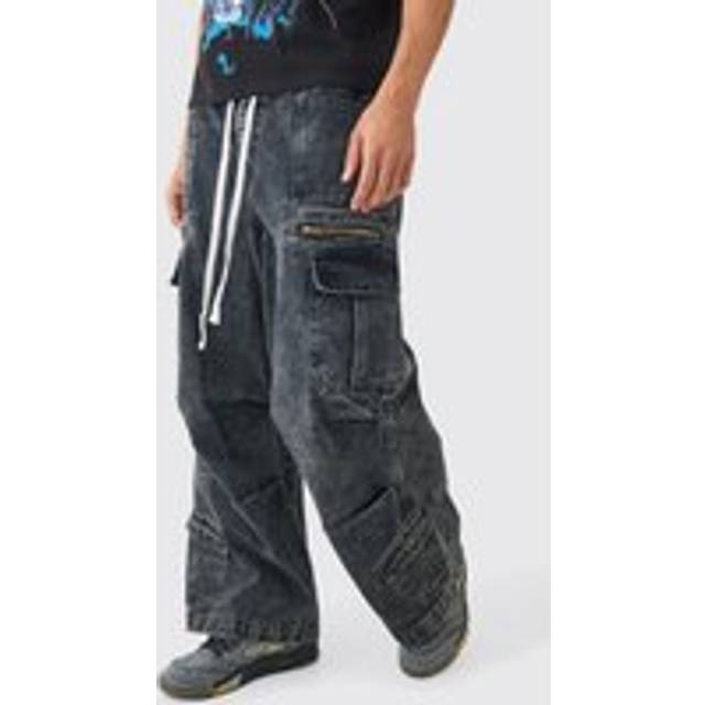 Mens Elastic Waist Acid Wash Parachute Cargo Jeans In Black