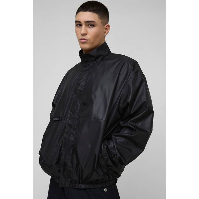 Mens Black Oversized High Shine Funnel Neck Track Jacket