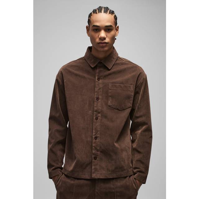 Oversized Heavyweight Faux Suede Collared Shirt - Brown - S
