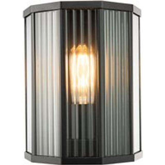 Contemporary Outdoor Garden Half Lantern Wall Lamp with Clear Ribbed Glass - Black - One Size