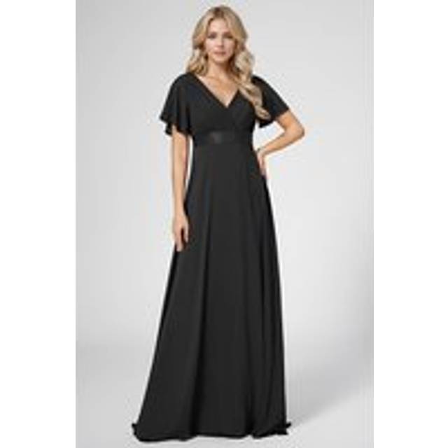 Elegant V Neck Ruffle Sleeve Ruched Empire Waist A line Maxi Chiffon Evening Dress - Black - 18