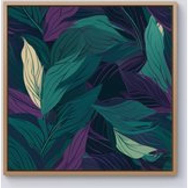 Green Purple Tropical Leaves Framed Canvas - Light Brown - w40_inch_x_h40_inch