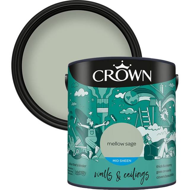 Crown Walls & Ceilings Mellow Sage Mid Sheen Emulsion Paint 2.5L - Green