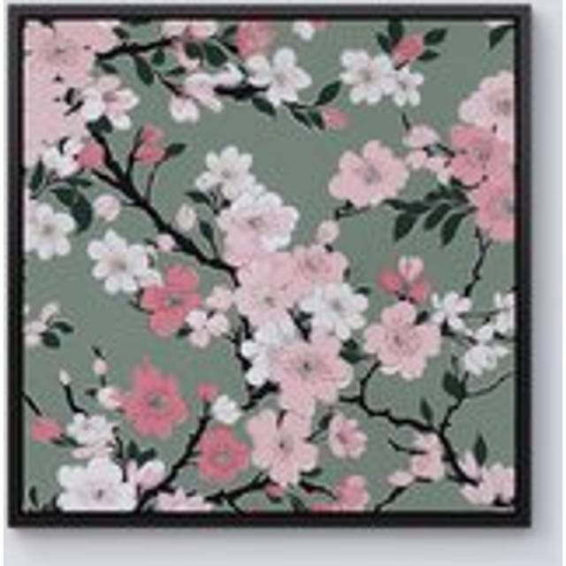 Pink Floral Abstract Pattern Framed Canvas - Black - W16 inch x H16 inch