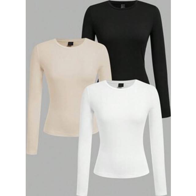 SHEIN 3pcs Women Crew Neck Casual Fitted Long Sleeve T-Shirt Suit, Suitable For Spring And Autumn