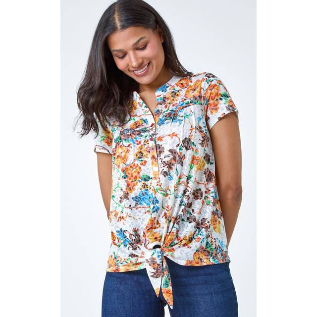 Roman Orange Floral Print Tie Detail V-Neck Top - Size 20