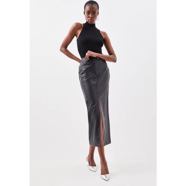 Faux Leather Pencil Midi Skirt - Black