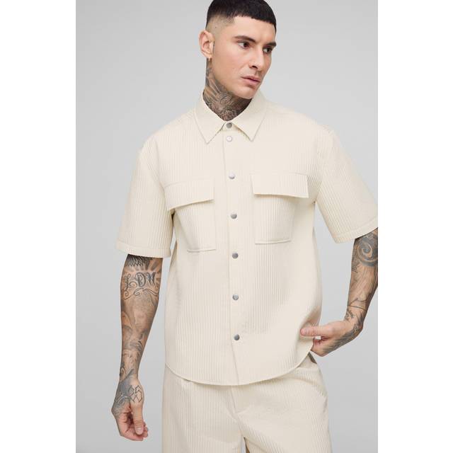 Tall Technical Pleated Oversized Short Sleeve Shirt - Beige - XXL