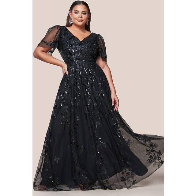 Goddiva Plus Flared Sleeve Embroidered Maxi Dress - Black - 20