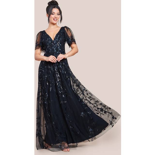 Goddiva Flared Sleeve Embroidered Maxi Dress - Black - 14