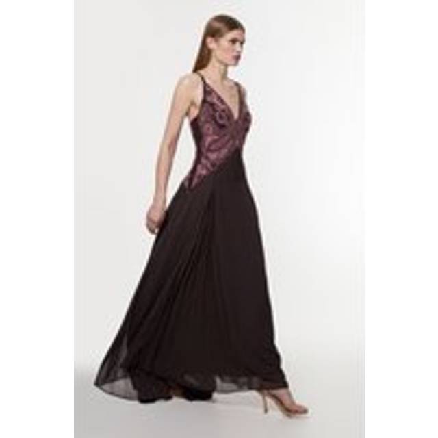 Petite Cutwork Beaded Georgette Pleat Insert Woven Maxi Dress - Brown
