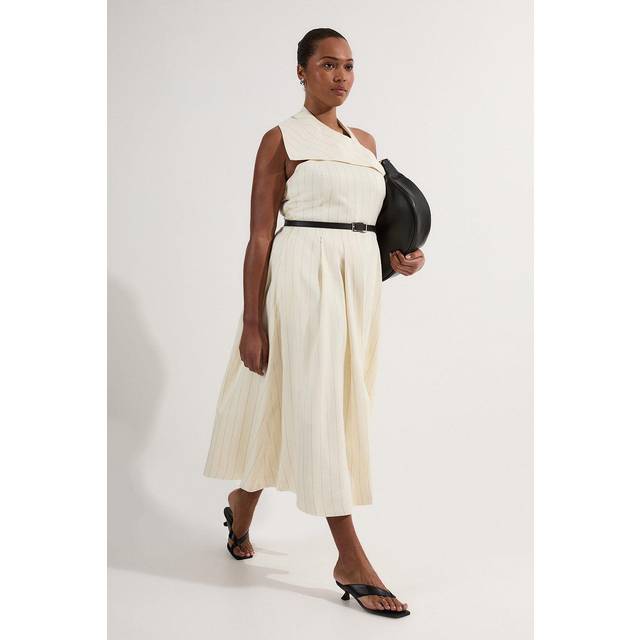 Plus Size Premium Linen Viscose Pinstripe Halter Neck Belted Full Skirted Midi Dress - Stripe