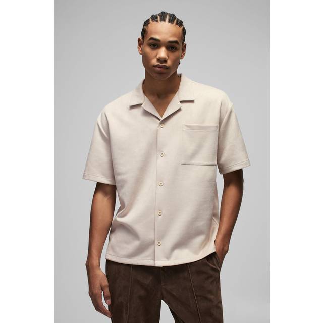 Oversized Faux Suede Revere Neck Shirt - Beige - L