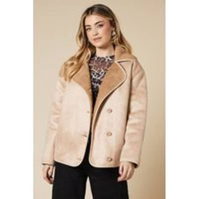 Womens Button Through Borg Aviator Jacket - Taupe - 8