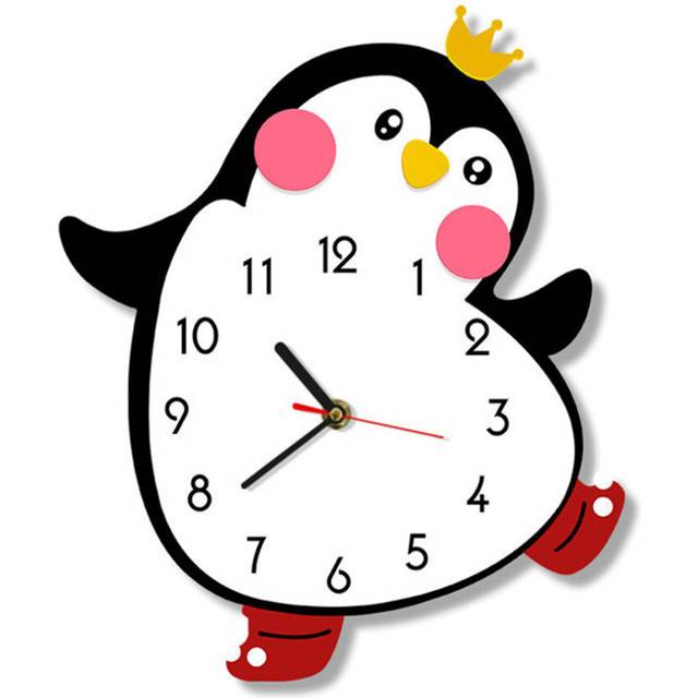 Cute Penguin Cartoon Wall Clock Silent Movement Nursery Bedroom Kids Room Art Decor Color Printed Watch