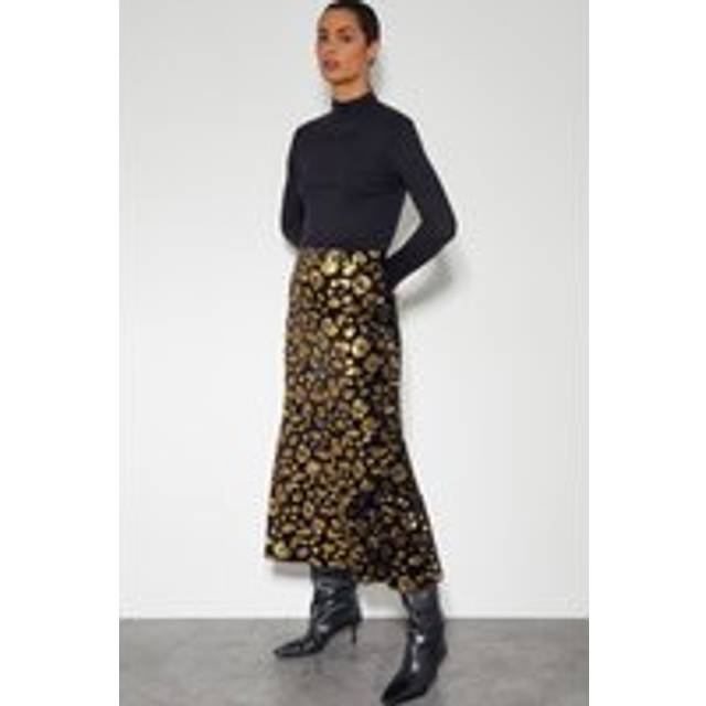 Arwen Sequin Leopard Velvet Midi Skirt Black - 16