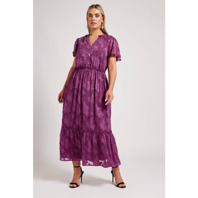 Yours London Curve Purple Burn Out Jacquard Ruffle Dress, Women's Curve & Plus Size, Yours London - 30-32
