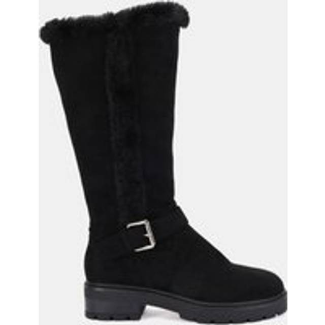 'Gillian' Faux Fur Lined Chunky Flat Knee Buckle Boot - Black - 7