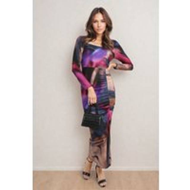Hana Abstract Printed Long Sleeve Ruched Side Slit Midi Dress - Black