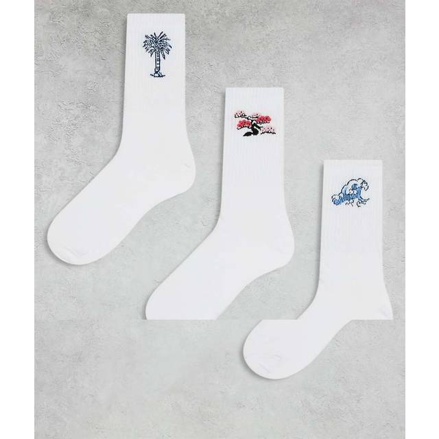 Jack & Jones – Tennisstrumpor med palm-, blom- och vågtryck, 3-pack-Vit/a