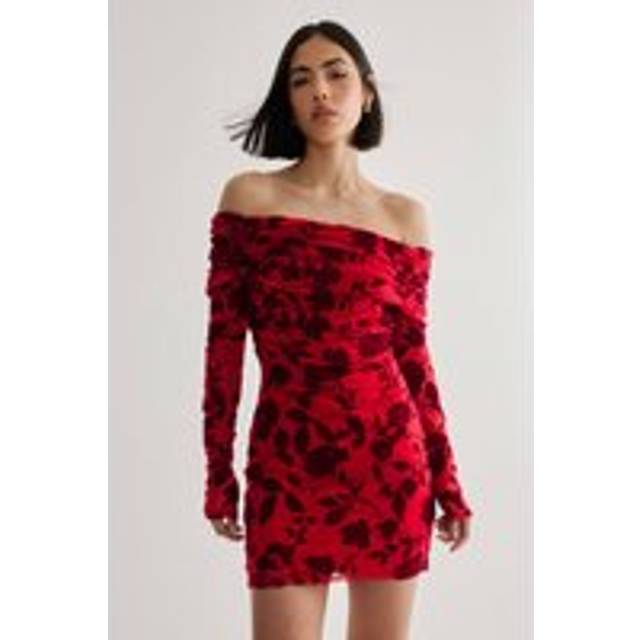 Womens Floral Devore Ruched Mini Dress - Red - XS