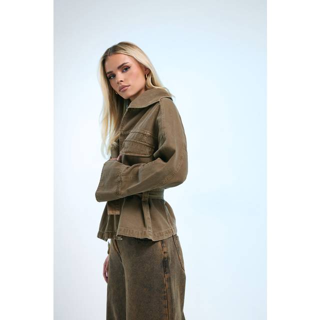 Pixiegirl Stone Brown Belted Utility Denim Jacket 10 Pixiegirl | Petite Women's Denim Jackets
