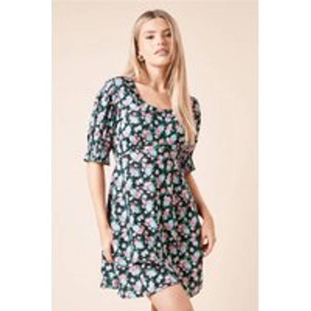 Black Floral Frill Neckline Tie Back Mini Dress - 14