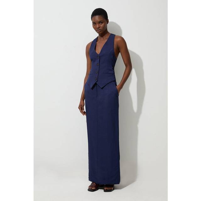 Tailored Viscose Linen Pencil Maxi Skirt - Navy