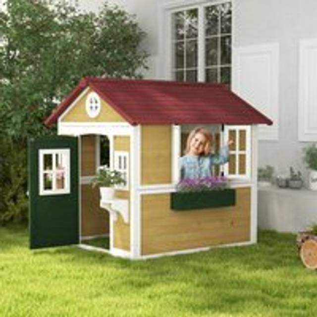 Outsunny Wooden Playhouse with Doors, Wooden, Plant Pots for Kids - Beige