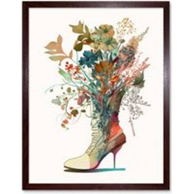 Wall Art Print Wildflower Bouquet in a Stiletto Heel Combat Boot Art Framed - Brown - W12 inch x H16 inch