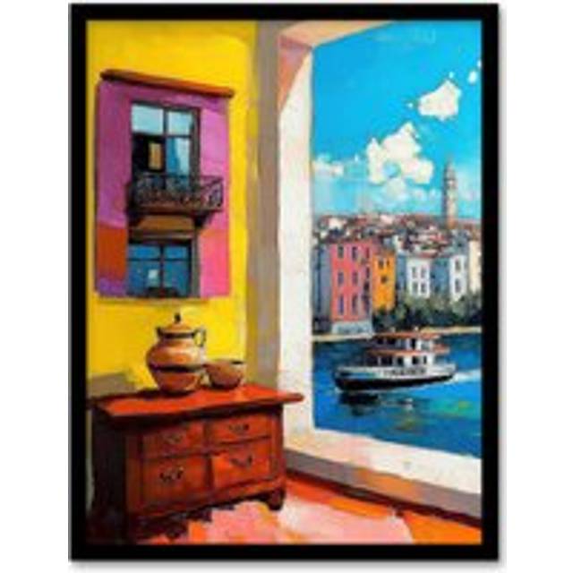 Amalfi Coast Coastal City View Boat Italy Summer Framed Art Print - Multi - W12 inch x H16 inch