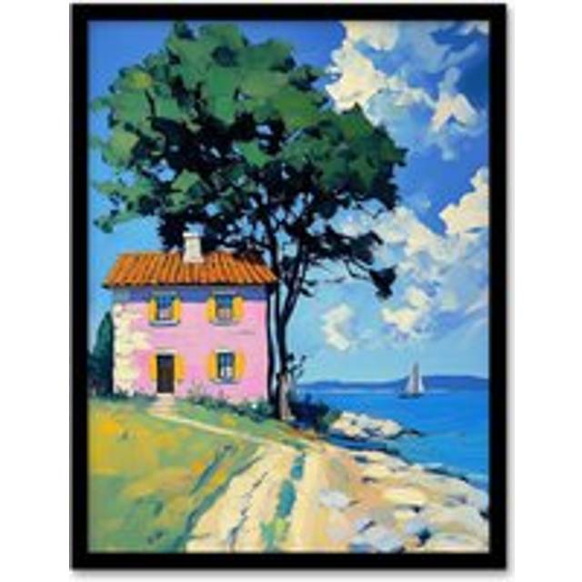Pink Village Cottage Coastal Greece Landscape Framed Art Print - Blue - W12 inch x H16 inch