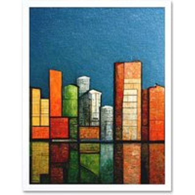 Wall Art Print Abstract Modern Cityscape Reflections Orange Blue Yellow Art Framed - White - W12 inch x H16 inch