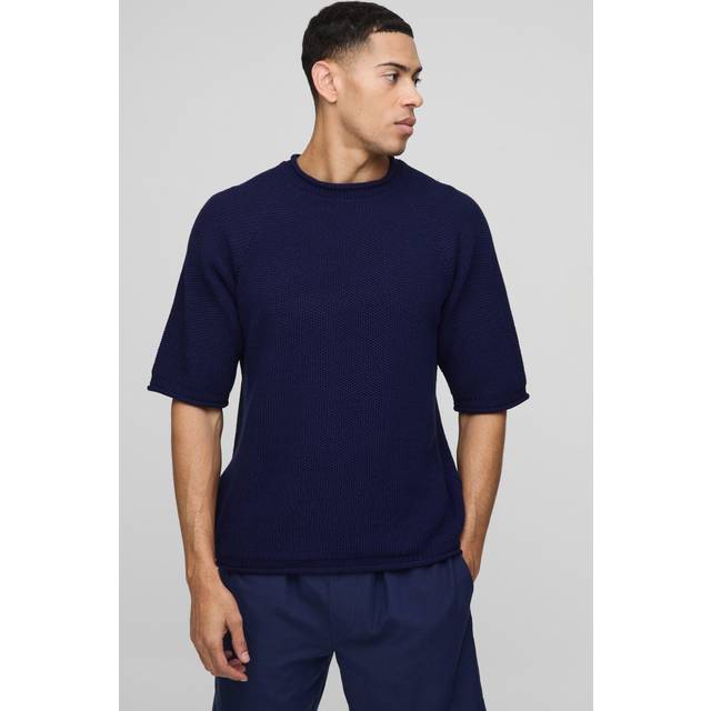 Regular Fit Waffle Raw Trim Knitted T-Shirt - Navy - S