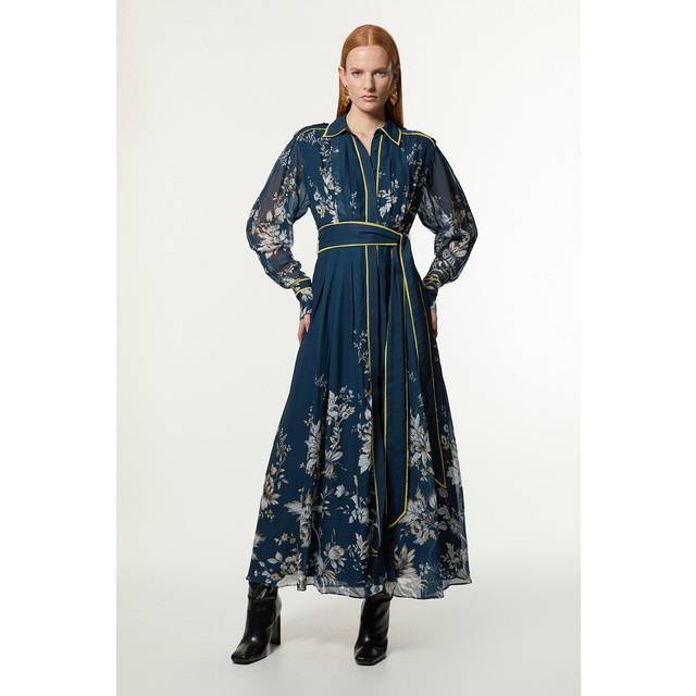 Border Print Viscose Piped Woven Shirt Balloon Sleeve Maxi Dress - Dark Navy