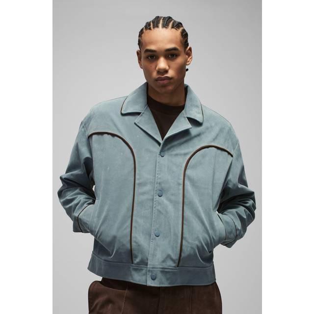 Boxy Faux Suede Western Piped Lapel Harrington Jacket - Blue - XS