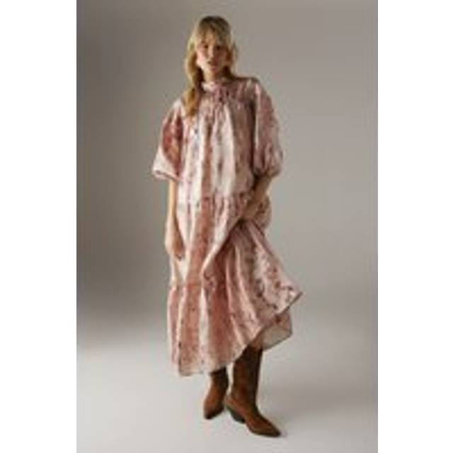 Womens Organza High Neck Tier Midi Smock Dress - beige - Beige - 12