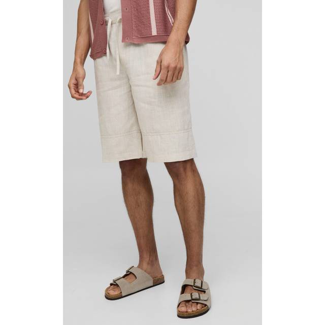 Half & Half Waistband Baggy Long Length Linen Blend Shorts - Beige - XS