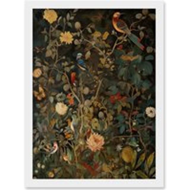 Audubon Style Birds in Spring Flower Field Modern Artwork Framed Wall Art Print A4 - White - One Size