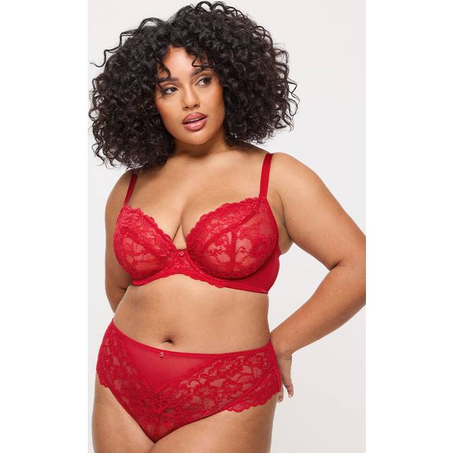 Womens Sexy Lace Fuller Bust Non Padded Plunge Bra - Red - 34F