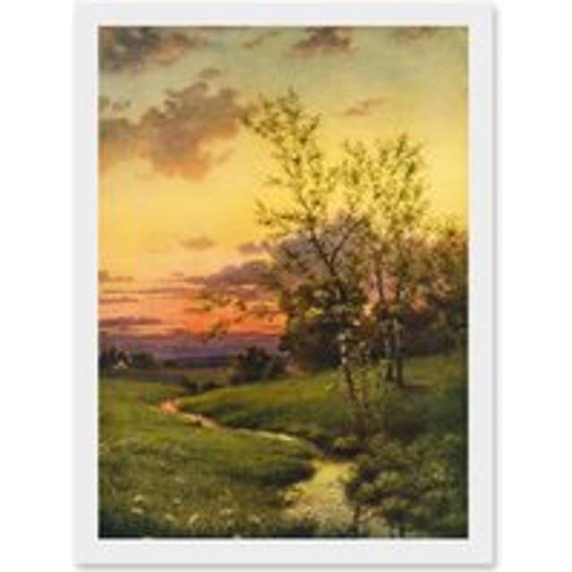 Paintings Landscape Sunset Countryside Tree Meadow Brook Stream Artwork Framed Wall Art Print A4 - White - One Size