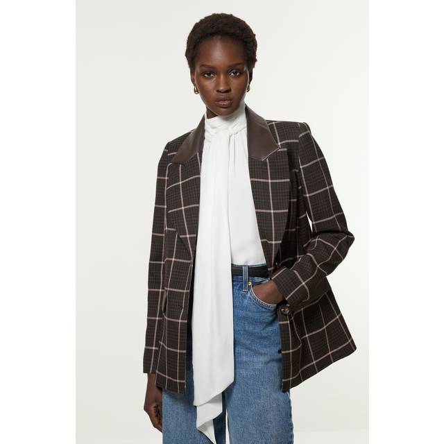 Tall Check Pu Mix Tailored Jacket - Brown