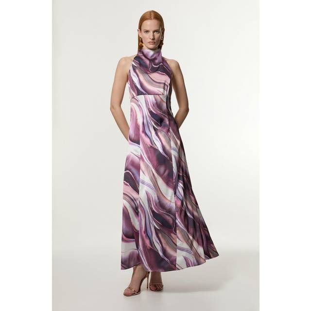 Graduated Stripe Viscose Satin Halter Dress - Purple