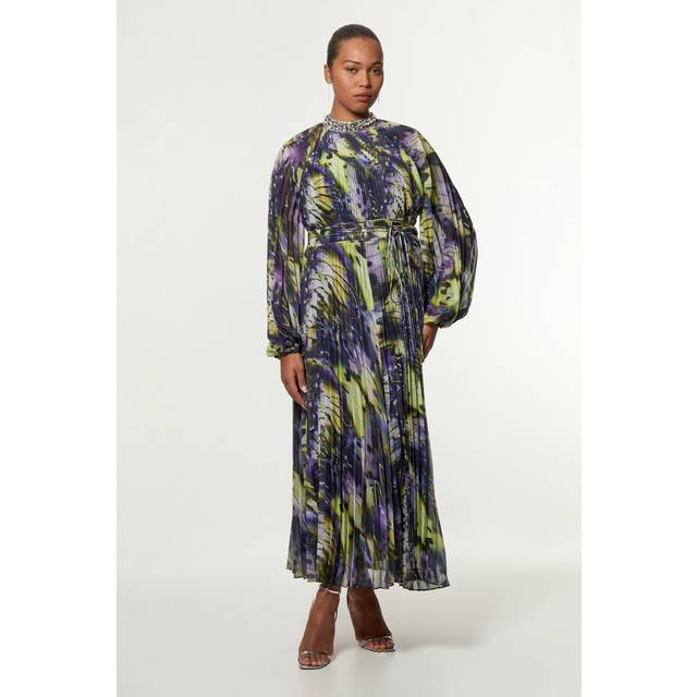 Plus Size Crystal Embellished Crinkle Feather Printed Woven Midaxi Dress