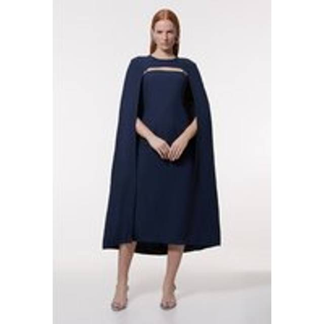 Premium Tailored Linen Drama Cape Midi Dress - Navy