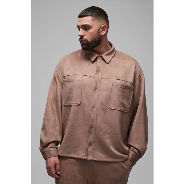Plus Faux Suede Oversized Shirt - Beige - XXXL