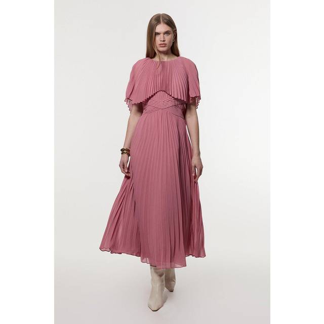 Pleated Cape Sleeve Low Back Maxi Dress - Pink